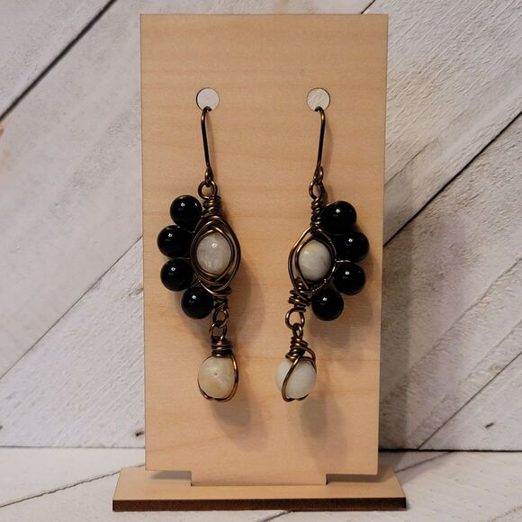 Handmade Wire Wrapped Dangle Earrings – Black & White Beaded Boho Jewelry - Picture 1 of 9